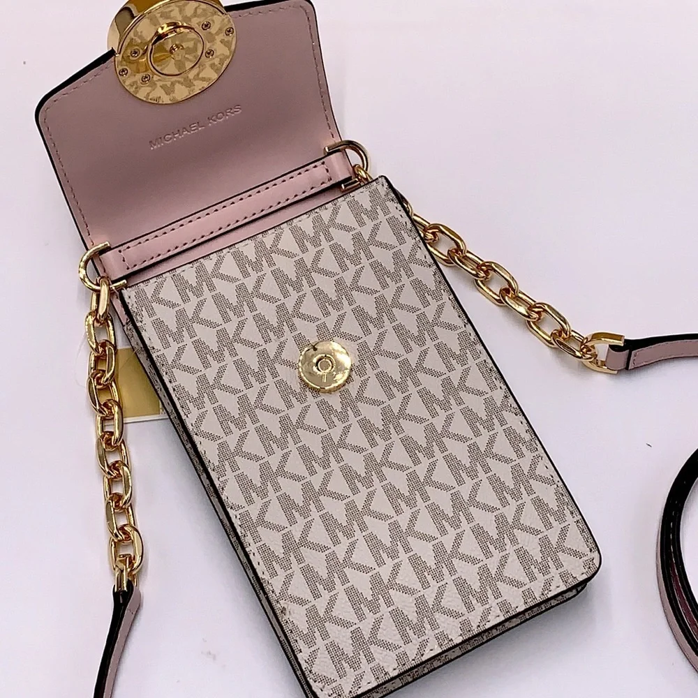 NWT Michael Kors Carmen Small NS Logo Smartphone Crossbody VANILLA/PINK COLOR